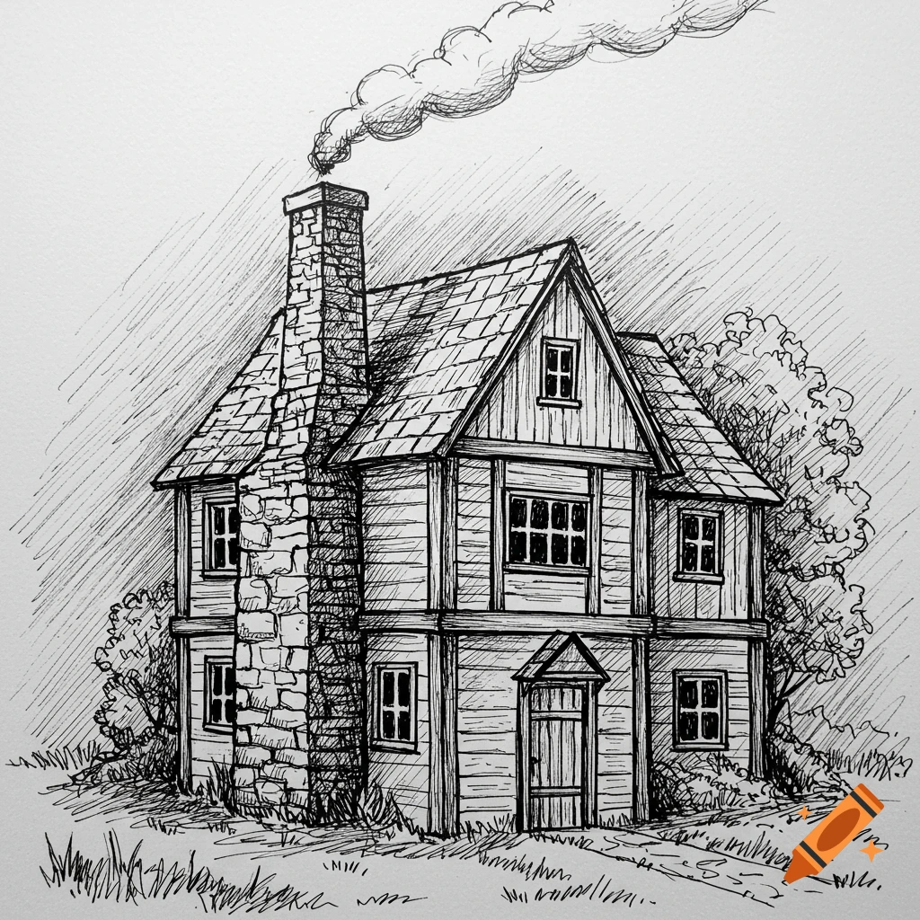 A black and white sketch of a two-story house with a large chimney and smoke.