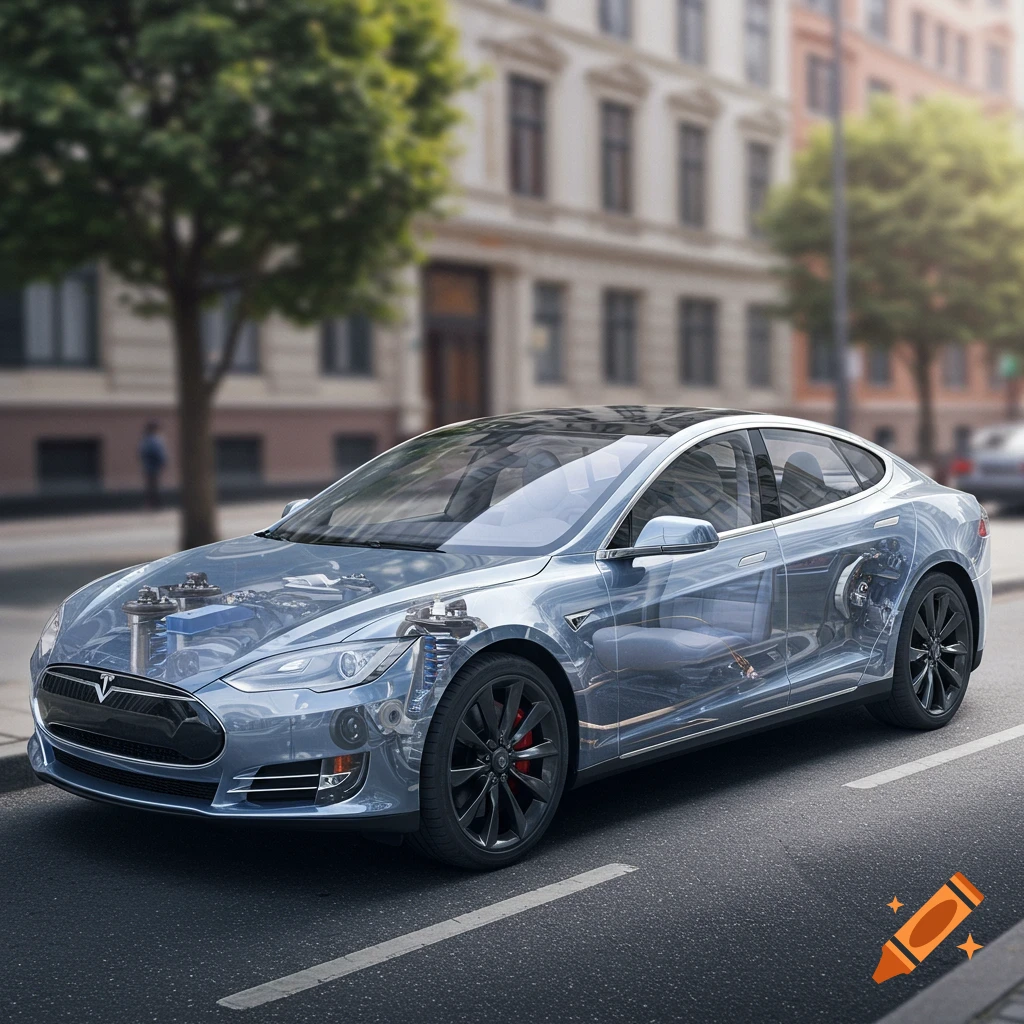 A Tesla car with a transparent body revealing internal components is parked on a city street.