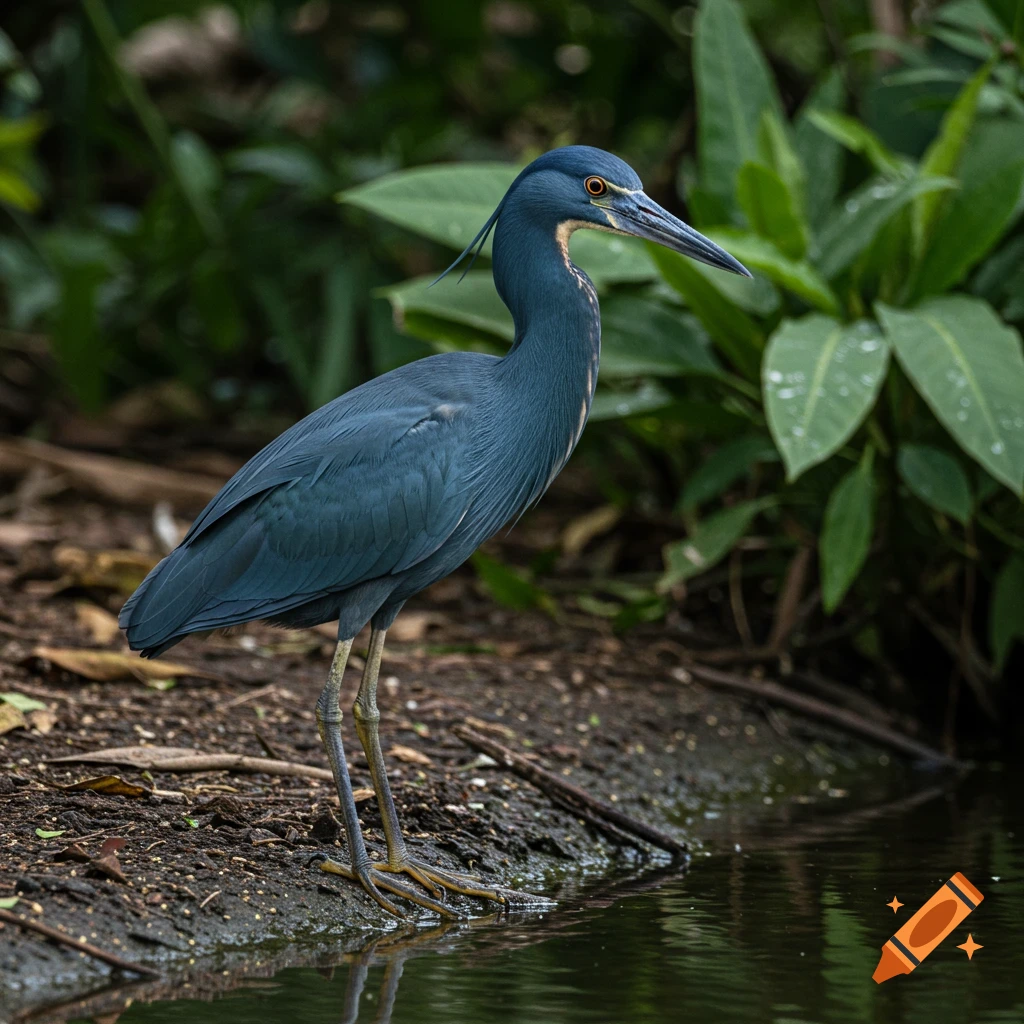 A dark blue heron stands by the water's edge.