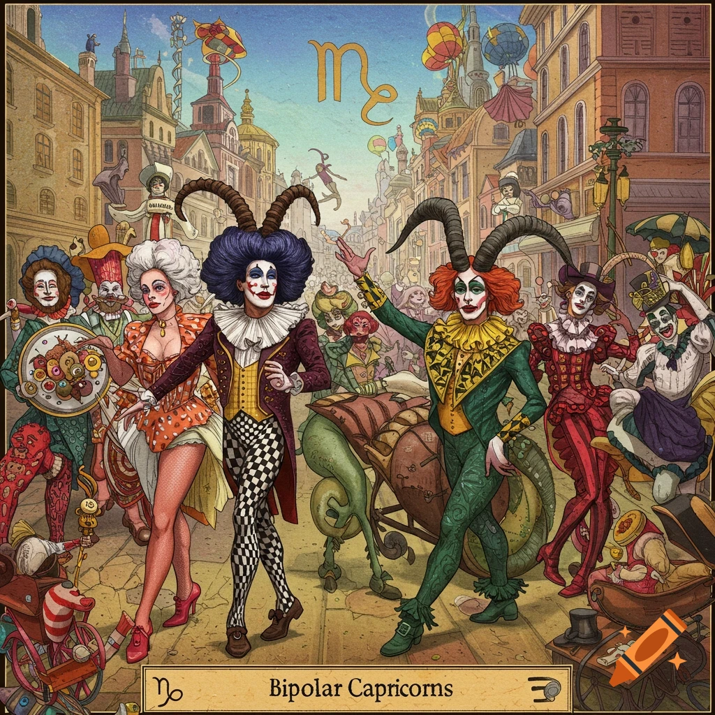 An illustration of a bizarre parade of characters in elaborate clown-like costumes with horns walking through a detailed fantasy city street.