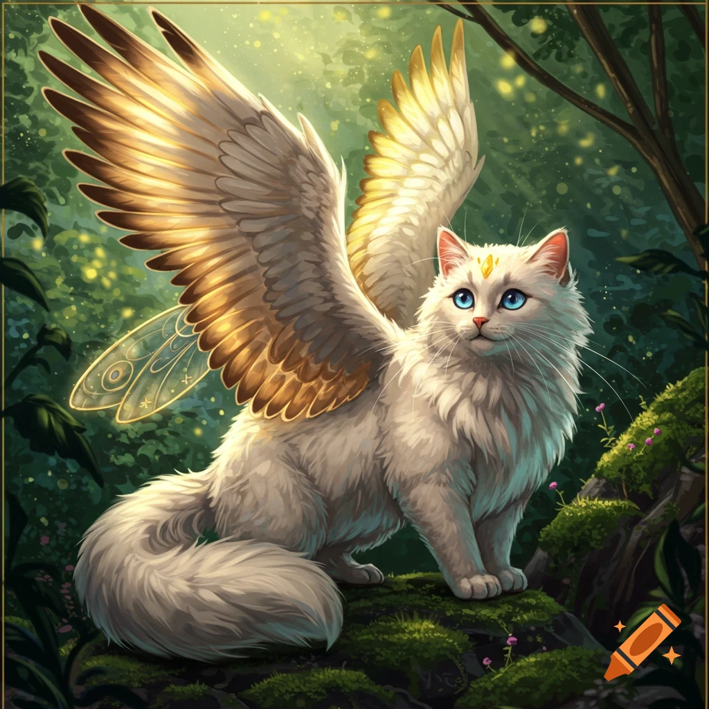 A white cat with large golden wings sits on a mossy rock in a lush fantasy forest.