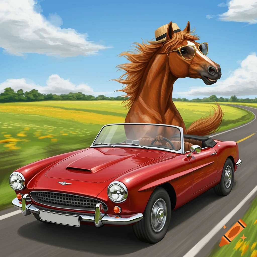 A horse wearing sunglasses and a hat drives a red convertible down a road.