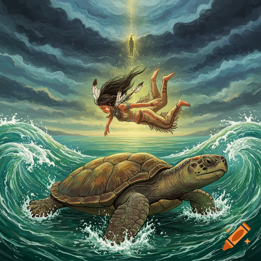 A person in traditional indigenous clothing falls from a beam of light towards a large turtle in the ocean, in a stormy sky.