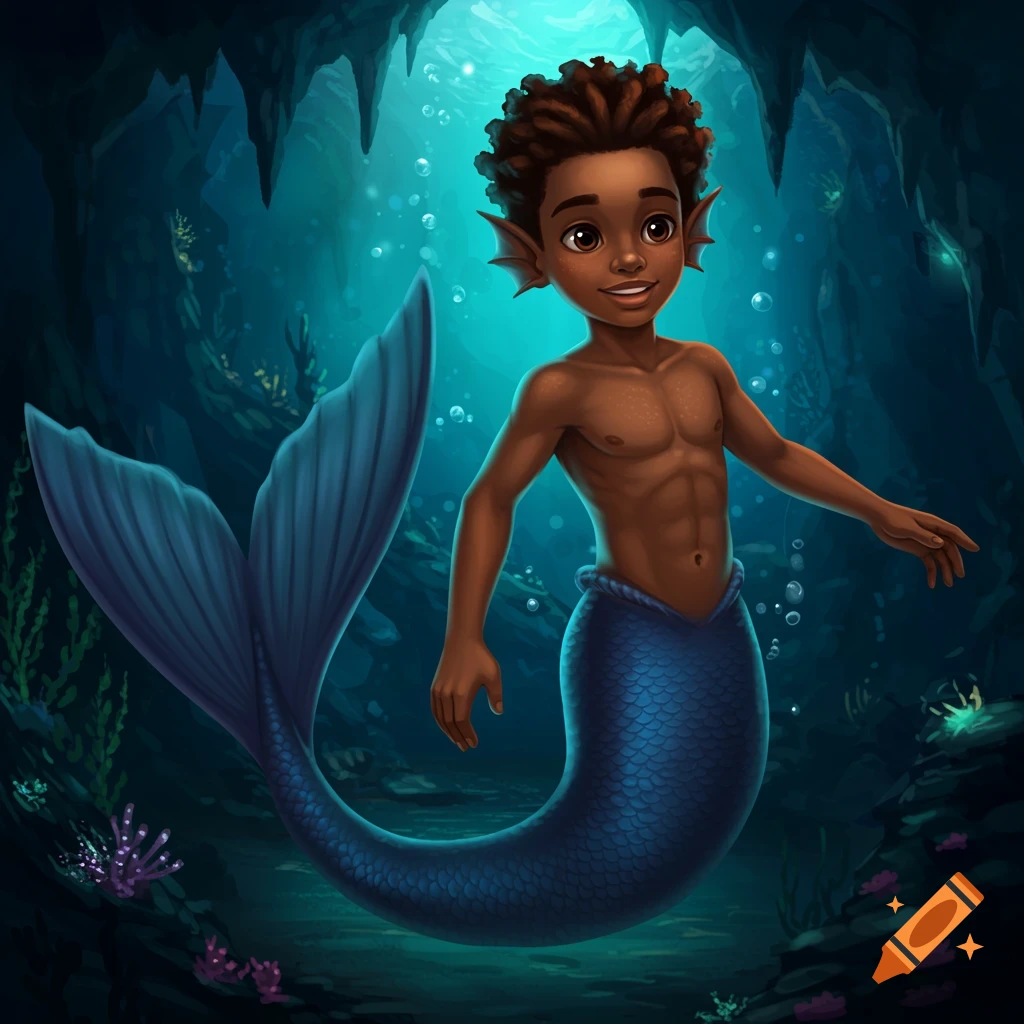 A young Black boy merman swims in a blue underwater cave.