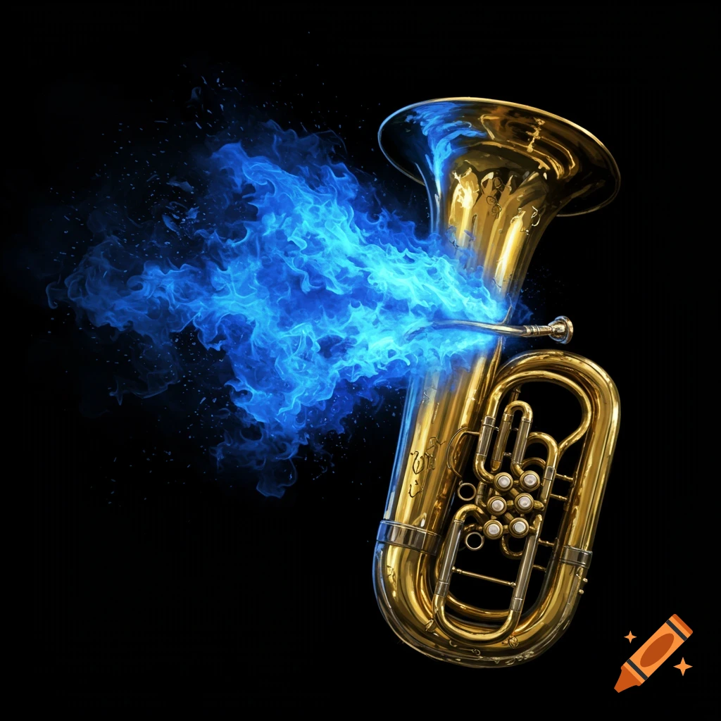 A brass tuba with blue flames coming from the bell on a black background.