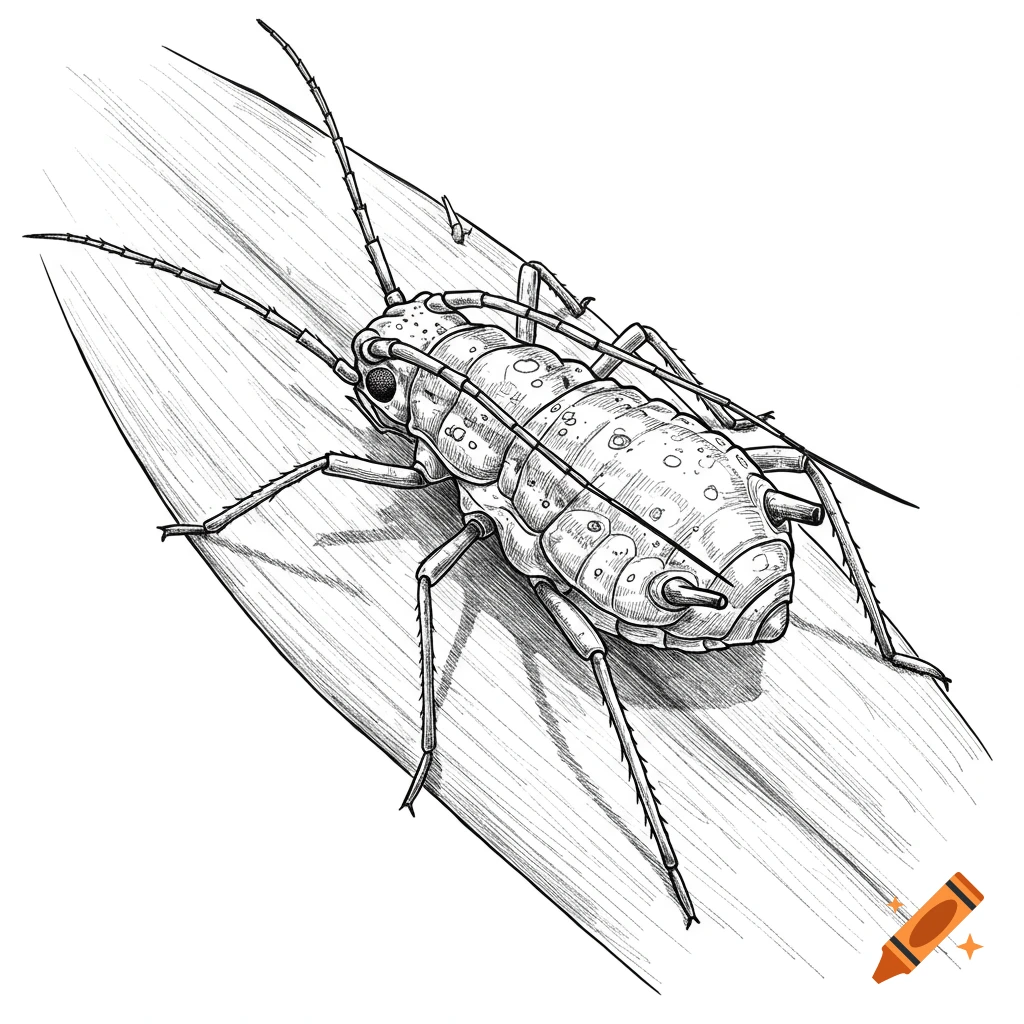 Black and white drawing of an aphid on a leaf.