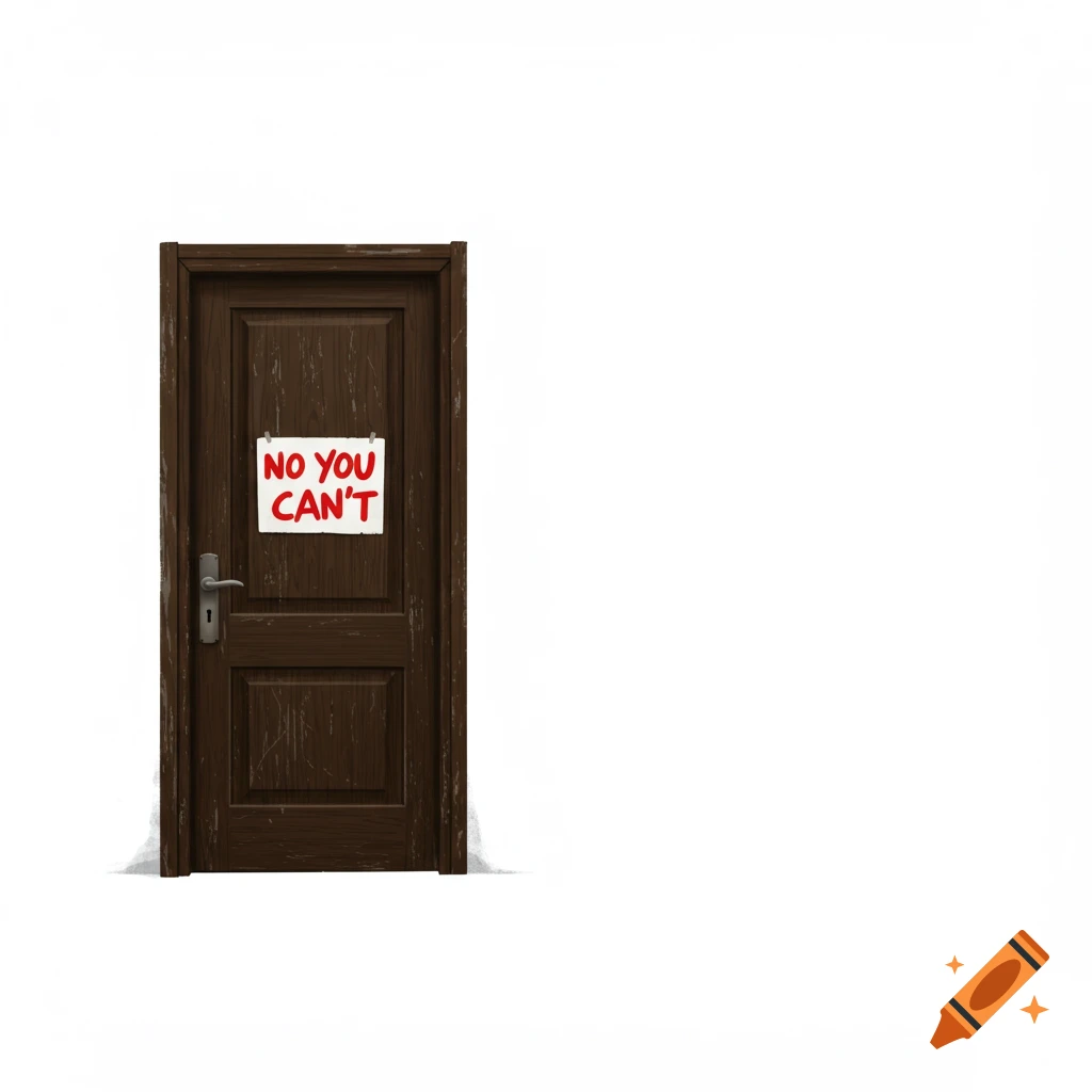 A wooden door with a sign that reads "NO YOU CAN'T" on a white background.