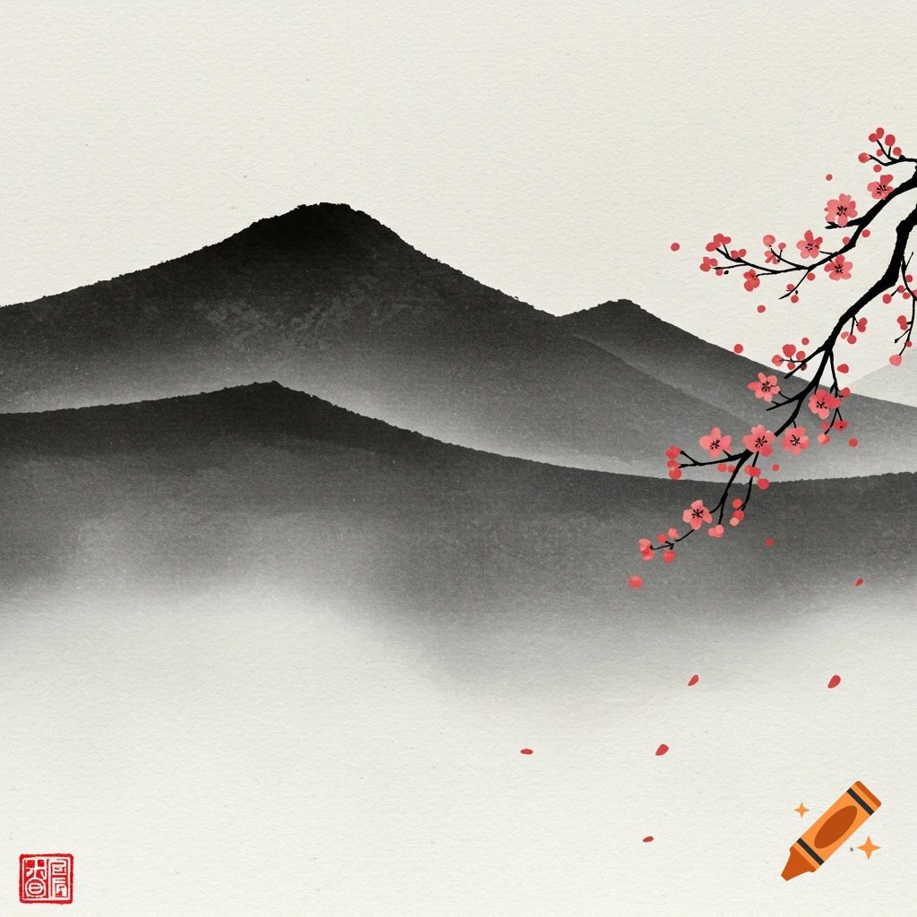 A Japanese ink wash painting of misty mountains with a branch of pink cherry blossoms.