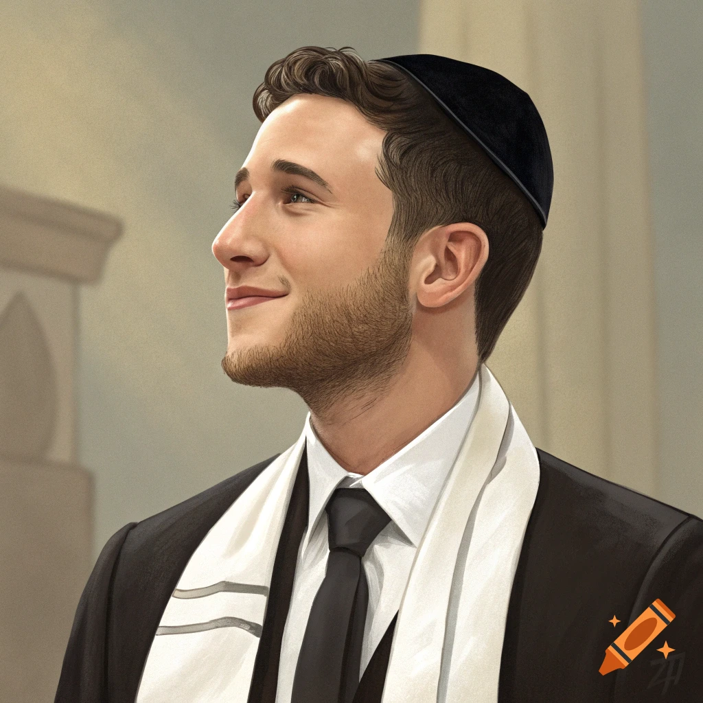 Realistic illustration of a young man smiling in profile, wearing a suit, tie, tallit, and kippah.