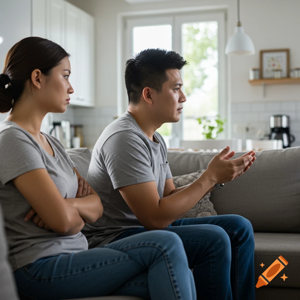 A man and woman sit on a couch, looking away from each other with serious expressions.