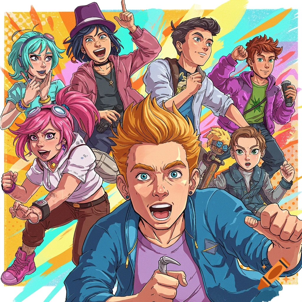 Energetic group of stylized anime characters