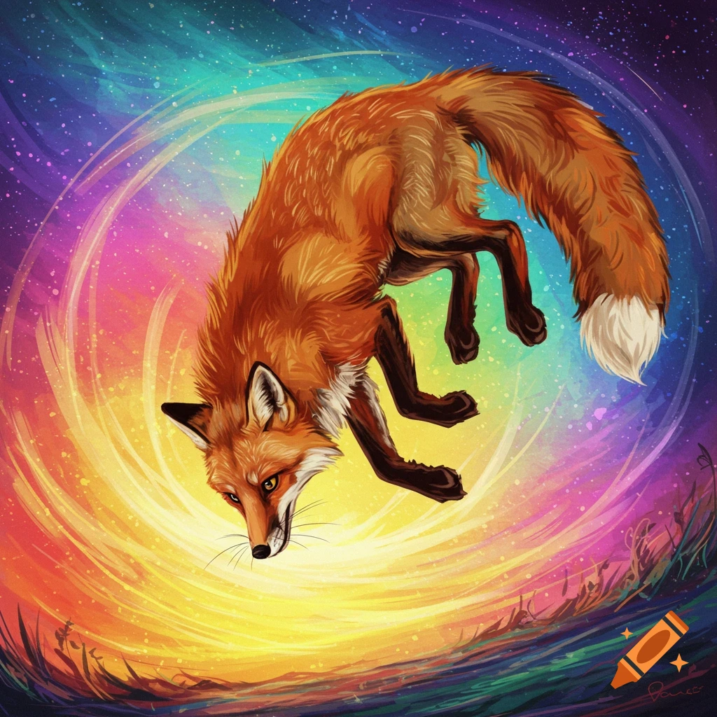An illustration of a fox doing a backflip against a vibrant, swirling rainbow-colored background.