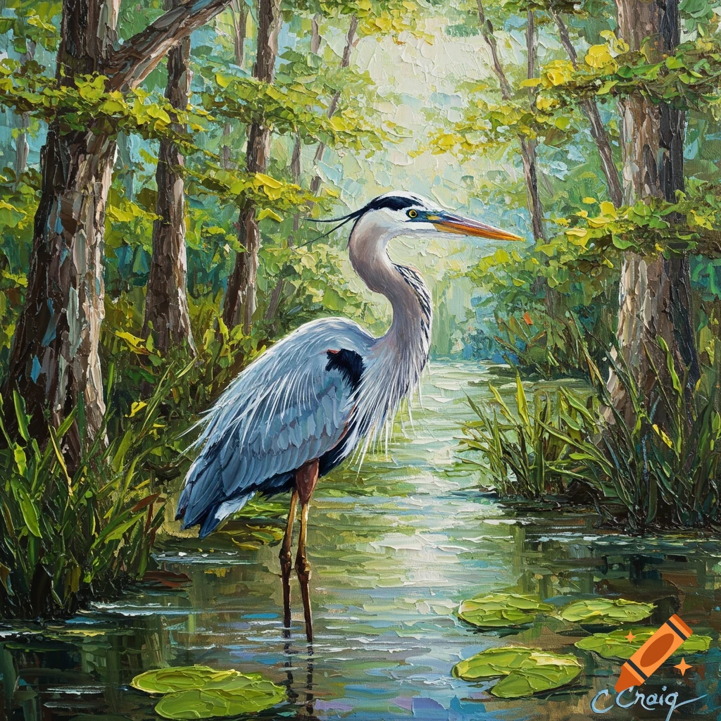 Acrylic painting of a blue heron standing in shallow water among cypress trees and lily pads.