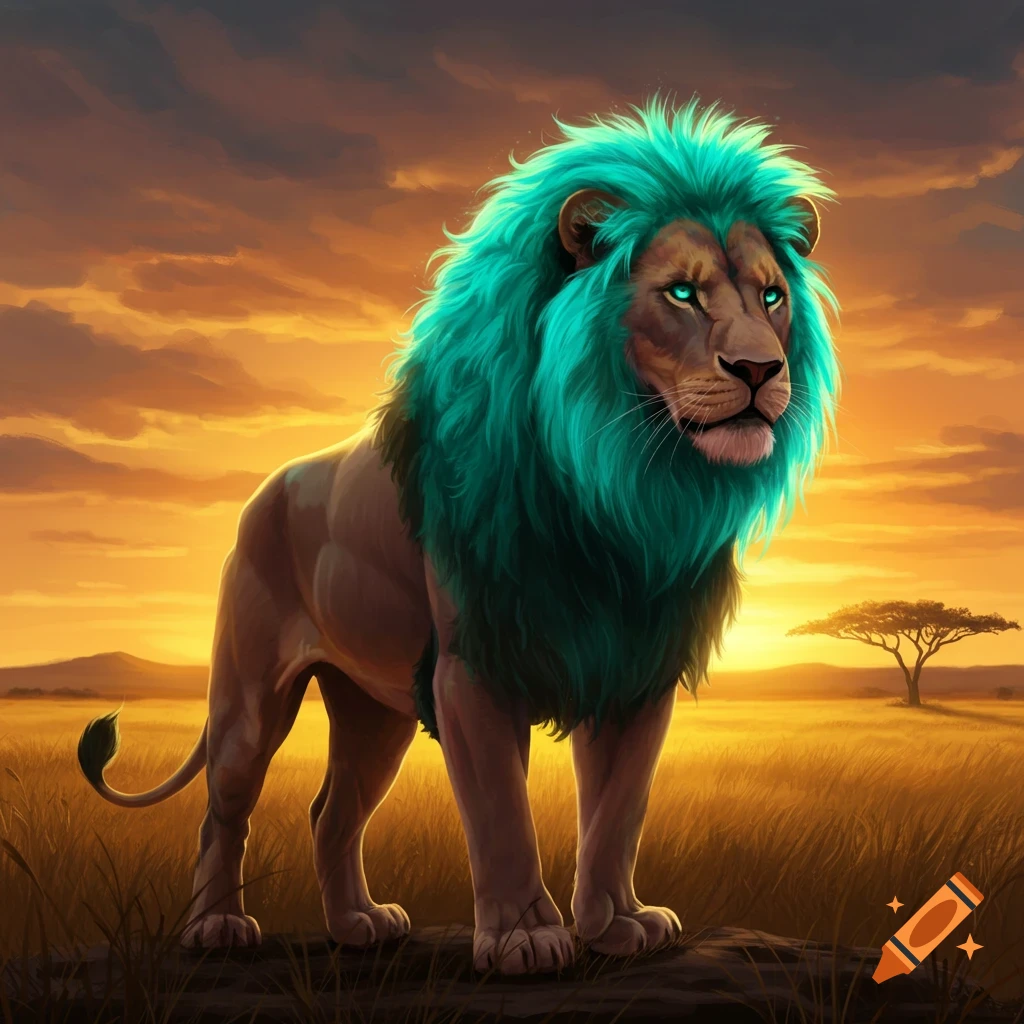 A lion with a bright teal mane stands in a grassy savanna at sunset