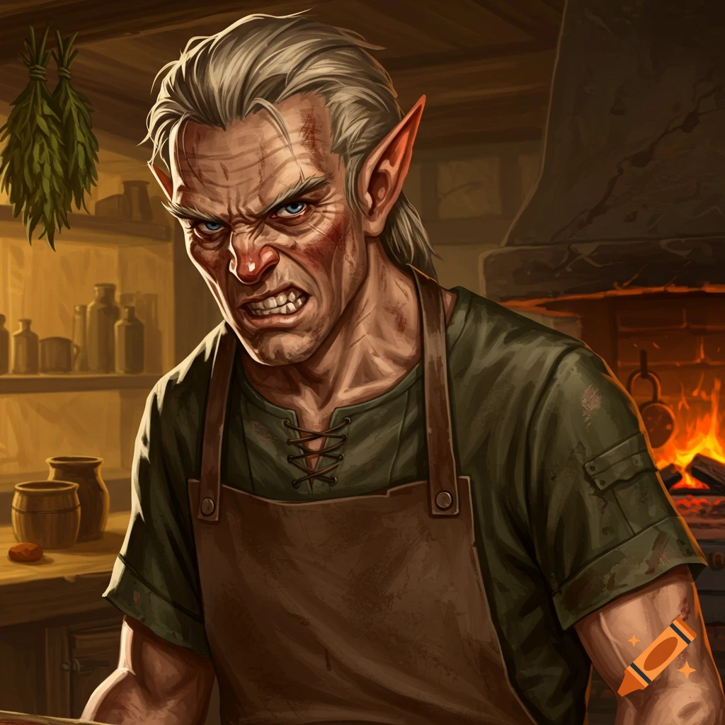 A scowling wood elf cook in an apron stands in a kitchen or forge.