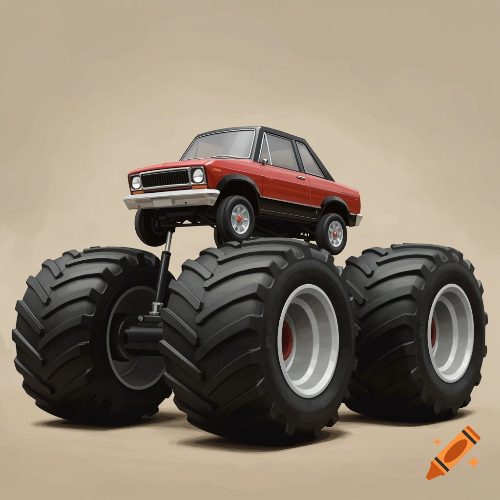 A red car sits atop four enormous monster truck tires.