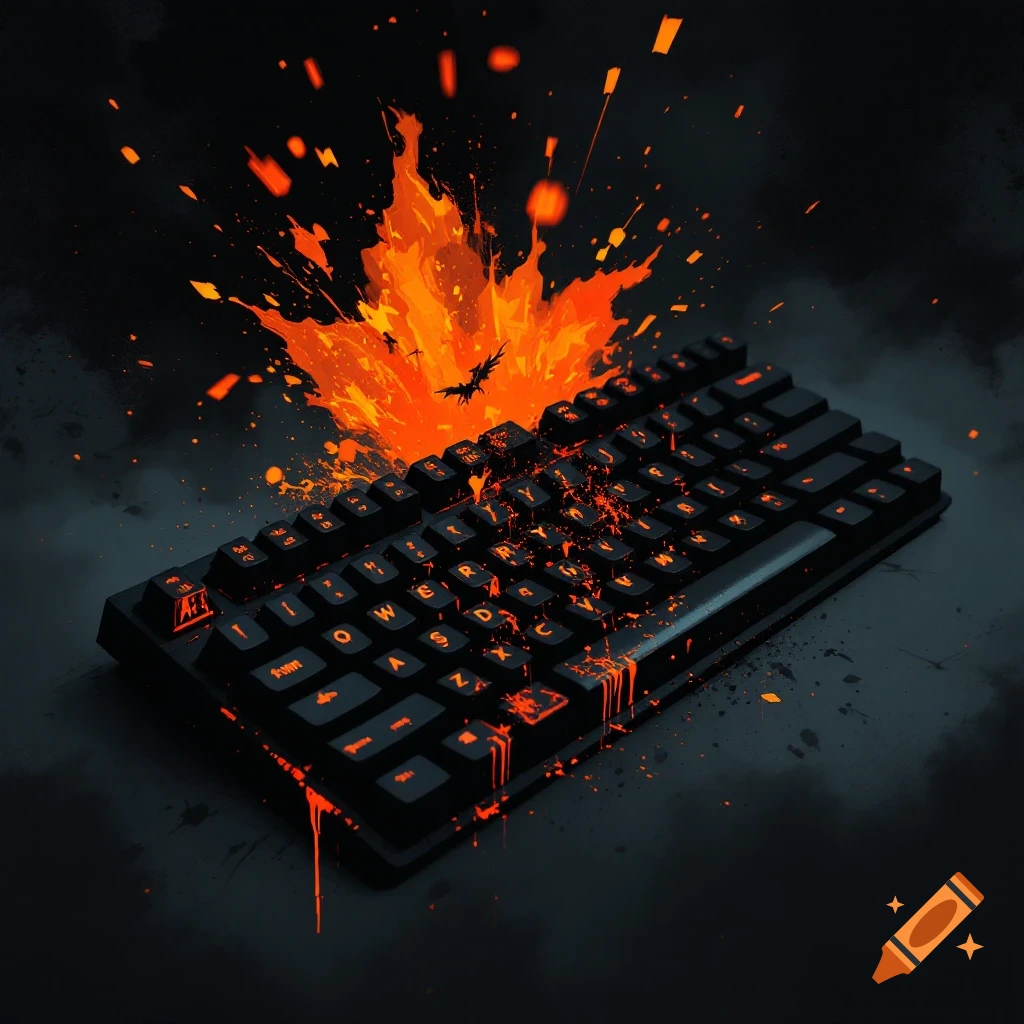 Black keyboard with orange splatters and fiery explosion