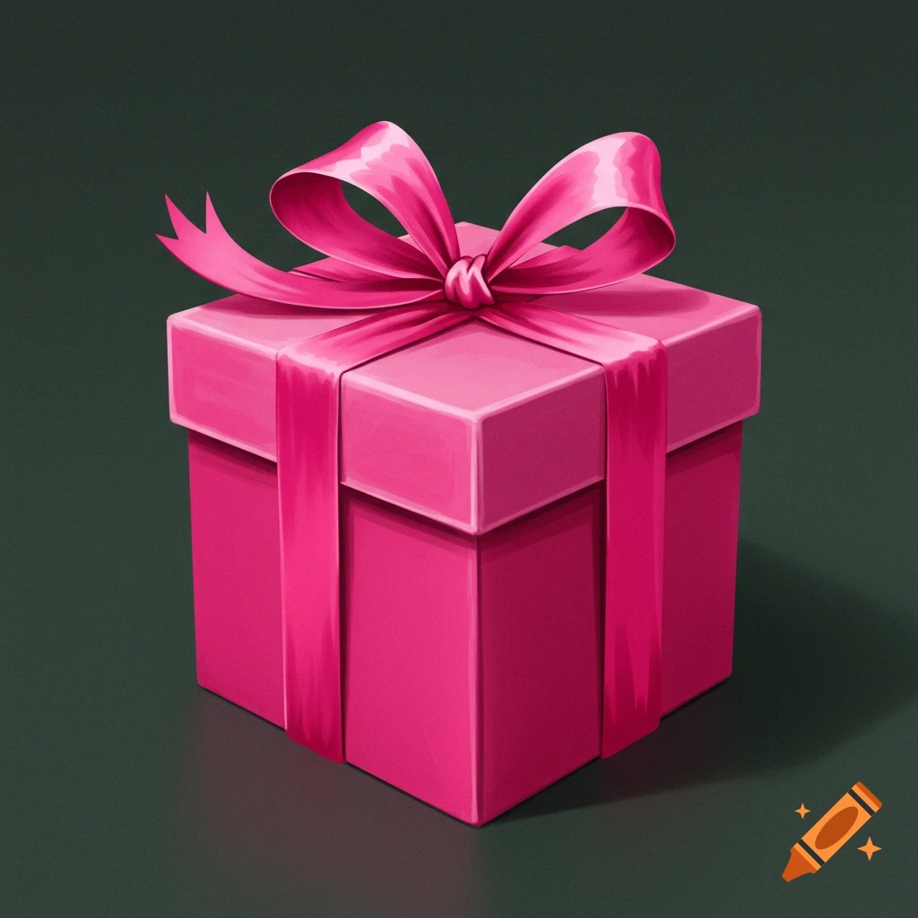 A pink gift box with a ribbon bow on a dark background.