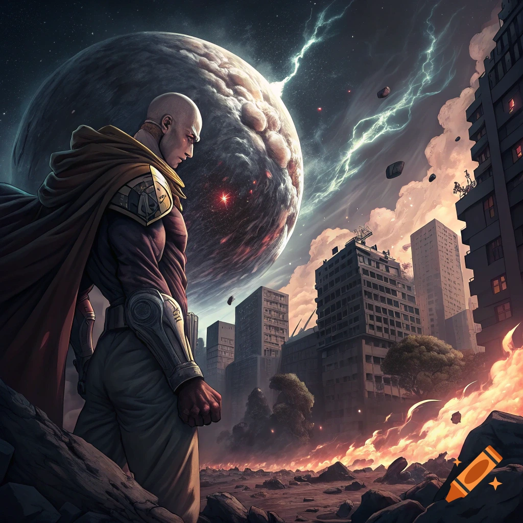 Illustration of a bald hero in a cape standing over a destroyed city with a large planet and lightning in the sky.