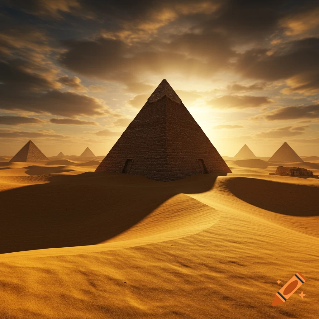 Pyramids stand in a vast desert landscape under a dramatic sunset sky.