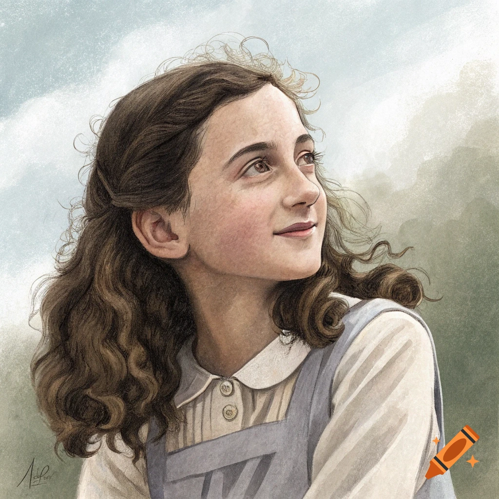 Illustration of a young girl with long curly brown hair looking up, in a painting style.