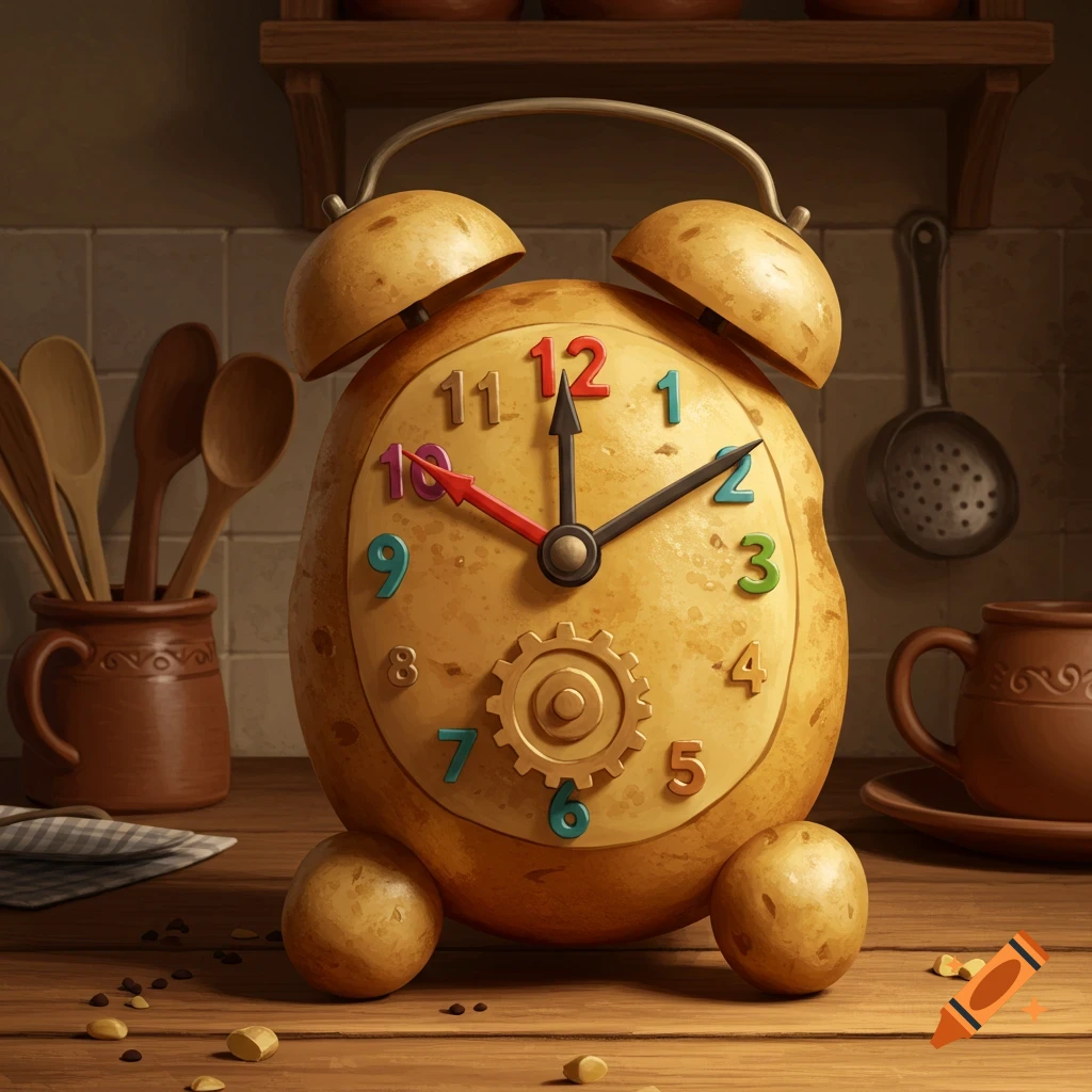An alarm clock made from a potato sits on a wooden table in a kitchen scene.