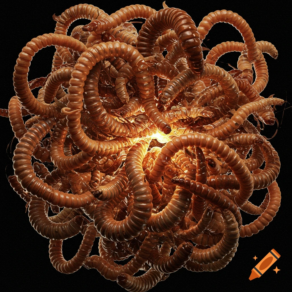 A tangled cluster of brown, segmented worm-like forms lit from the center.