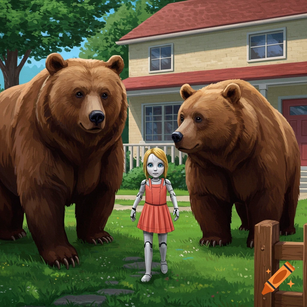 A robot in a red dress stands between two large bears in a suburban yard.