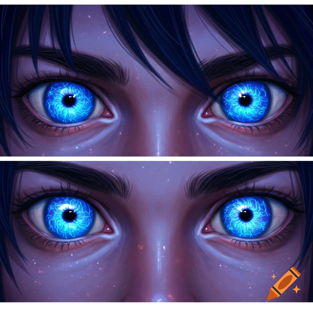 Close-up of two pairs of eyes with bright blue swirling irises in an anime style.