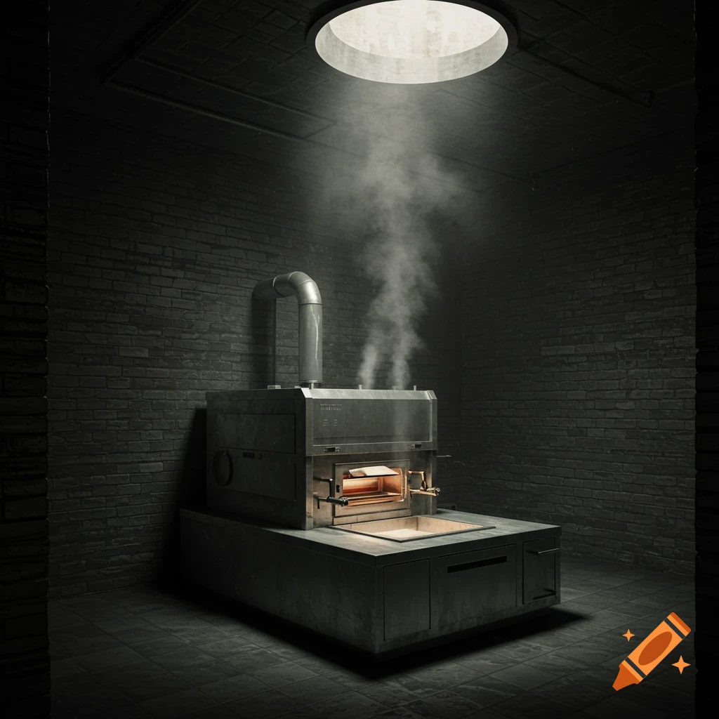 A large industrial furnace with steam rising, illuminated by a circular light in a dark room with brick walls.