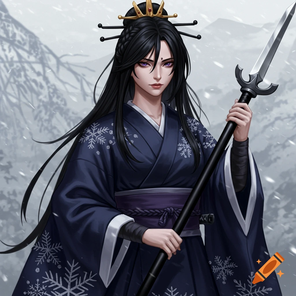 Digital illustration of a woman in a dark kimono holding a spear in a snowy mountain scene.