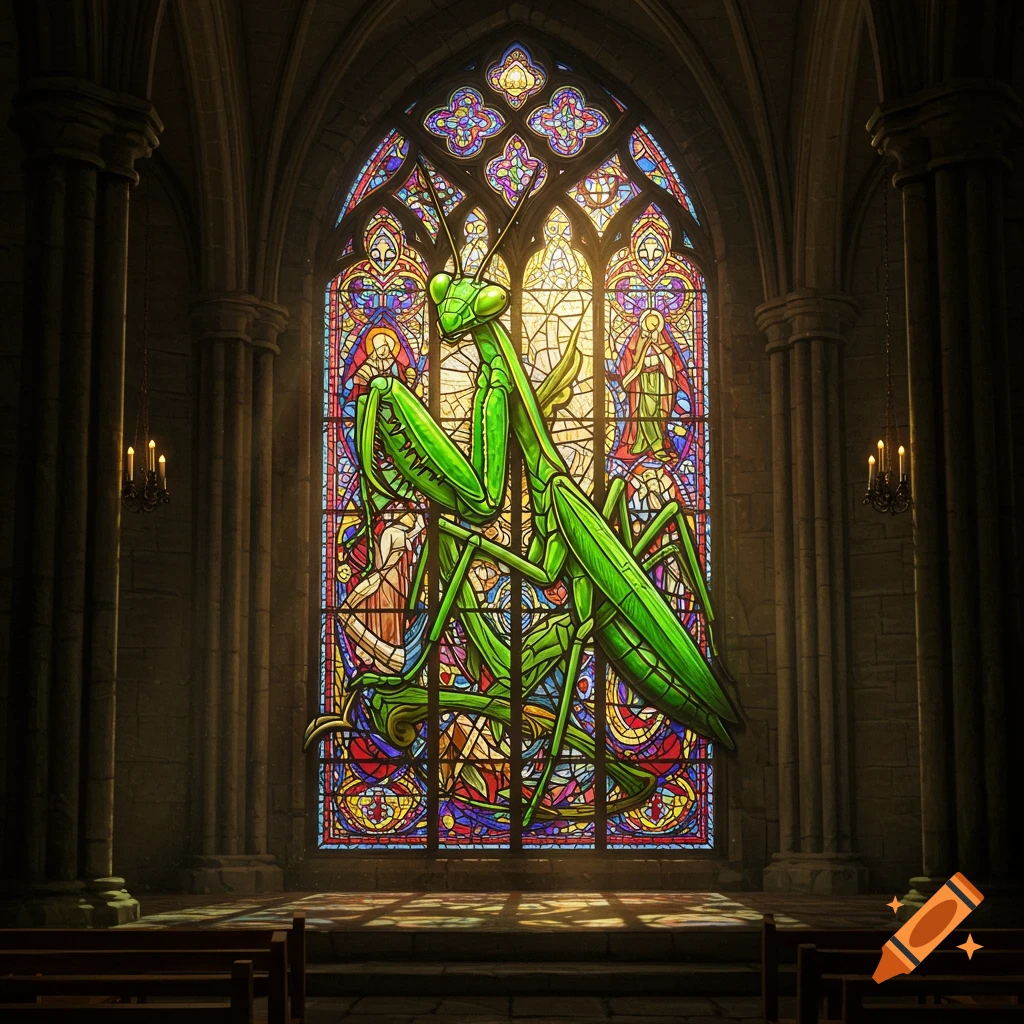 A giant praying mantis forms part of a large stained glass window in a church.