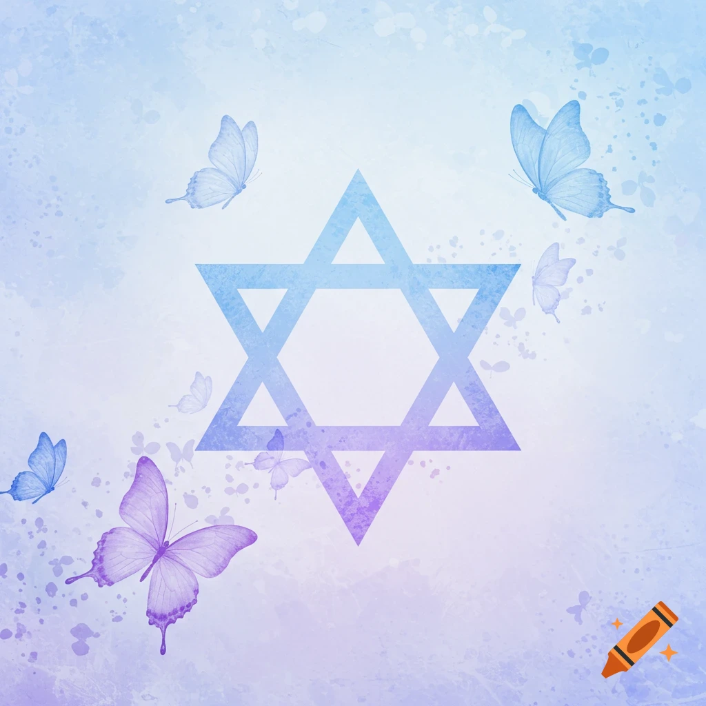 A Star of David surrounded by light blue and purple butterflies on a textured background.