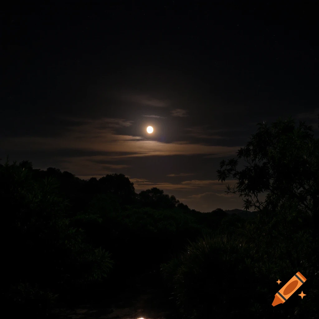 Full moon shines over a dark landscape of trees and hills under a cloudy night sky.