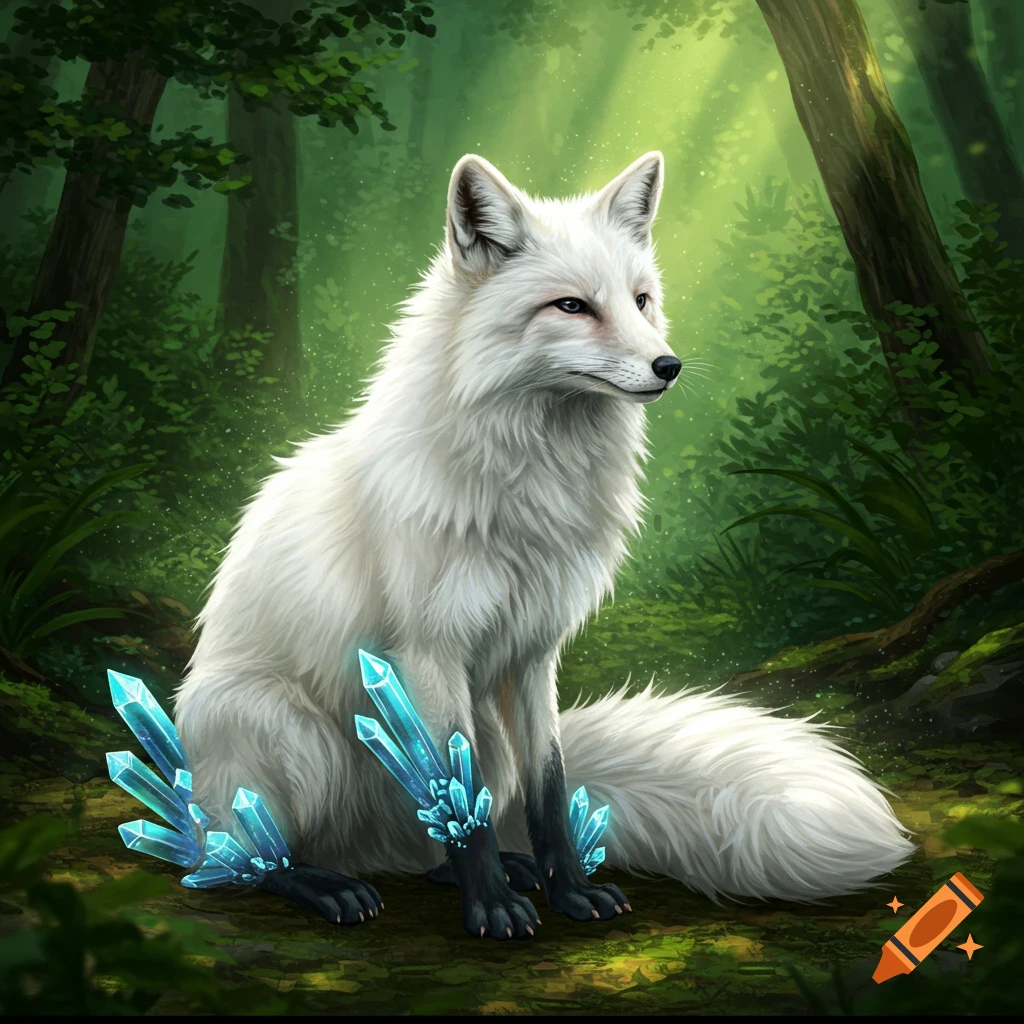 A white fox sits in a forest with glowing blue crystals on its paws.