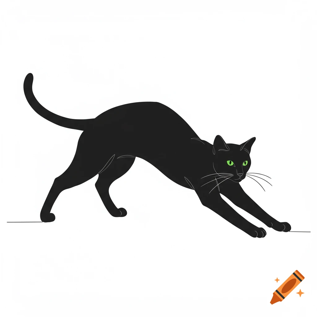 A minimalist black line drawing of a cat stretching.