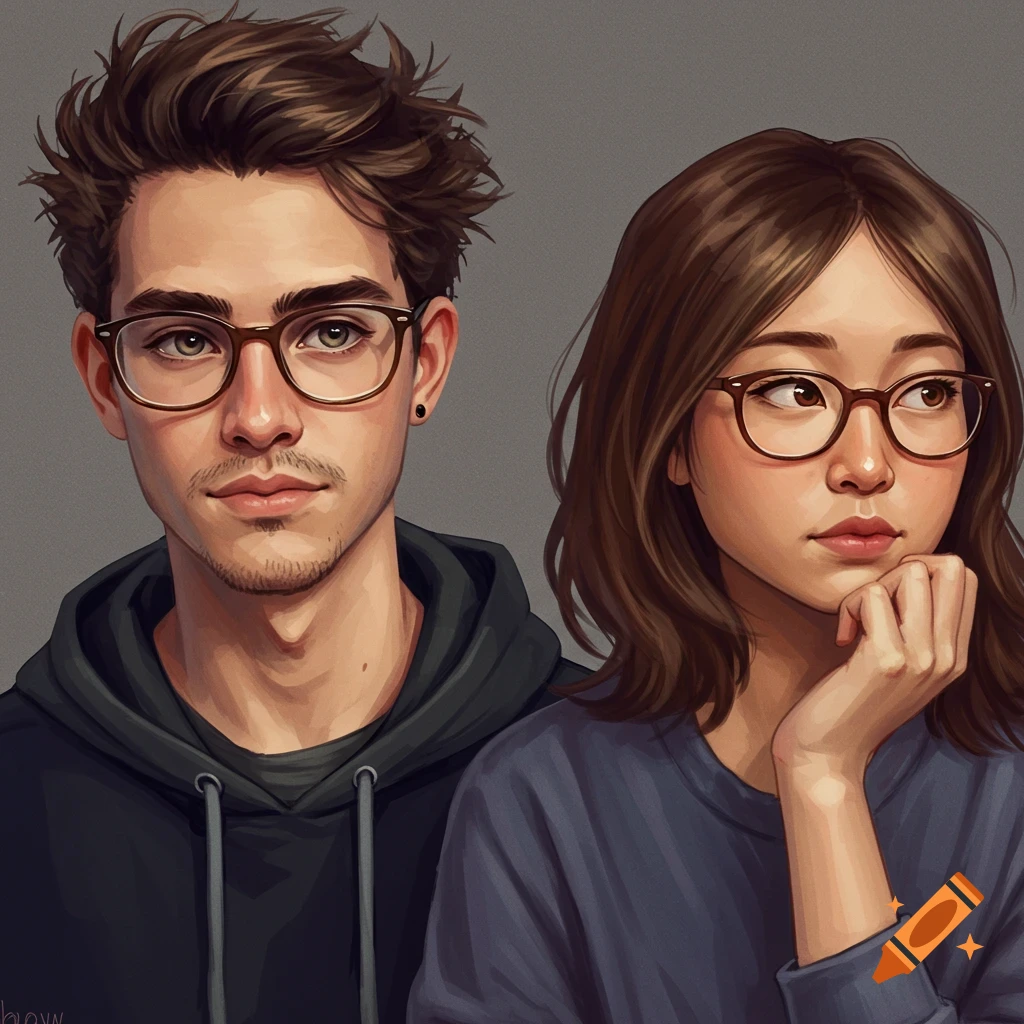 Stylized portrait of a man and woman wearing glasses looking away.