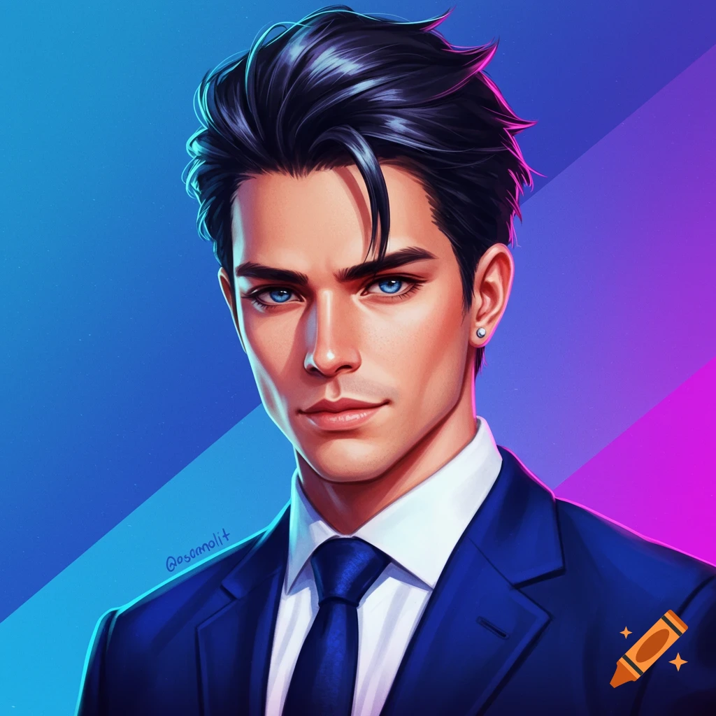 Stylized portrait of a man with blue eyes and dark hair wearing a dark suit and tie against a blue and purple gradient background.