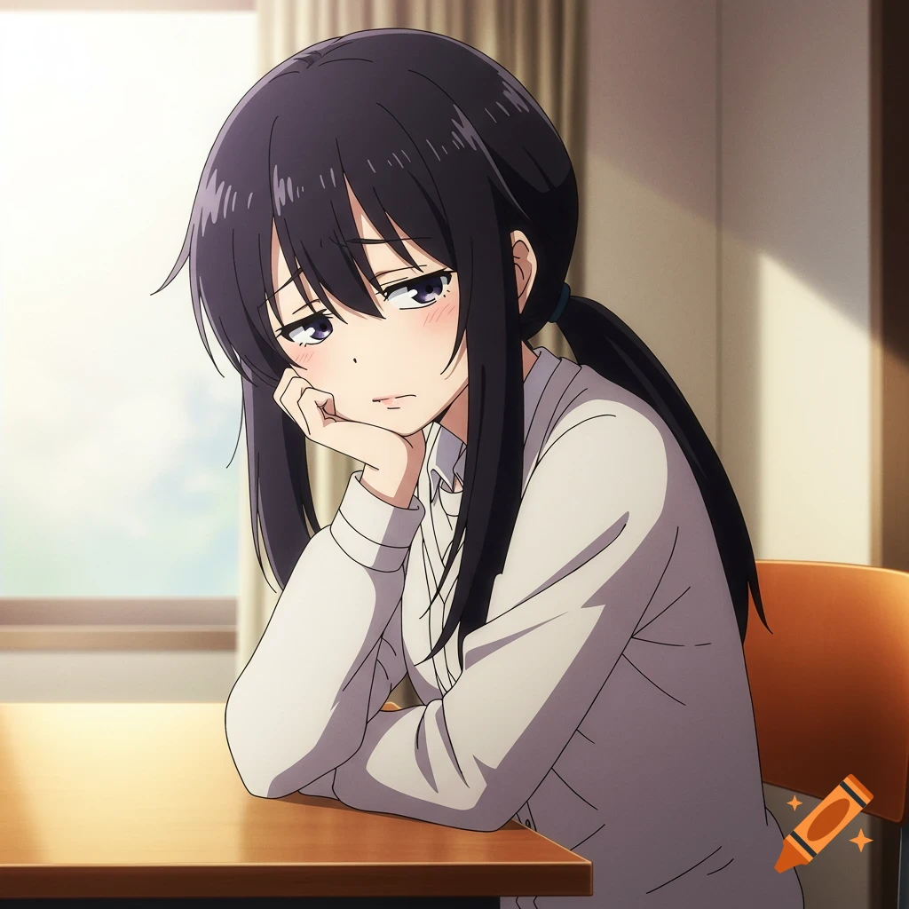 An anime girl with black hair rests her head on her hand at a table, looking tired.