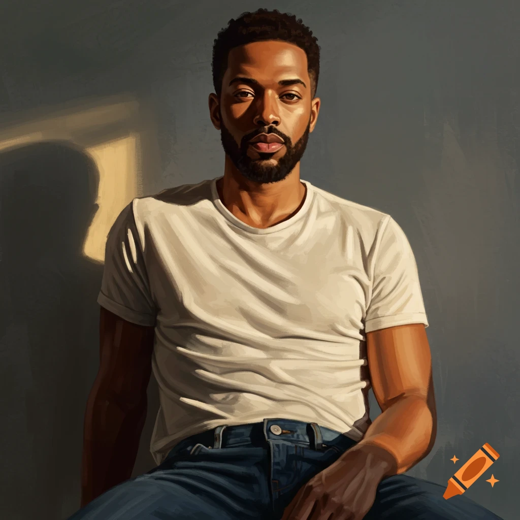 A portrait painting of a man in a white t-shirt and jeans, sitting in dramatic lighting.