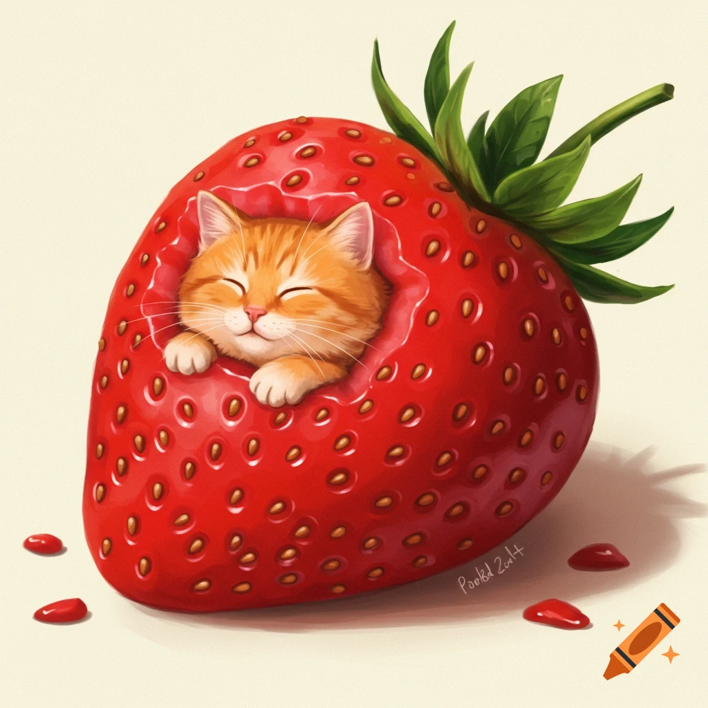 Illustration of a cute orange tabby kitten sleeping inside a large strawberry.
