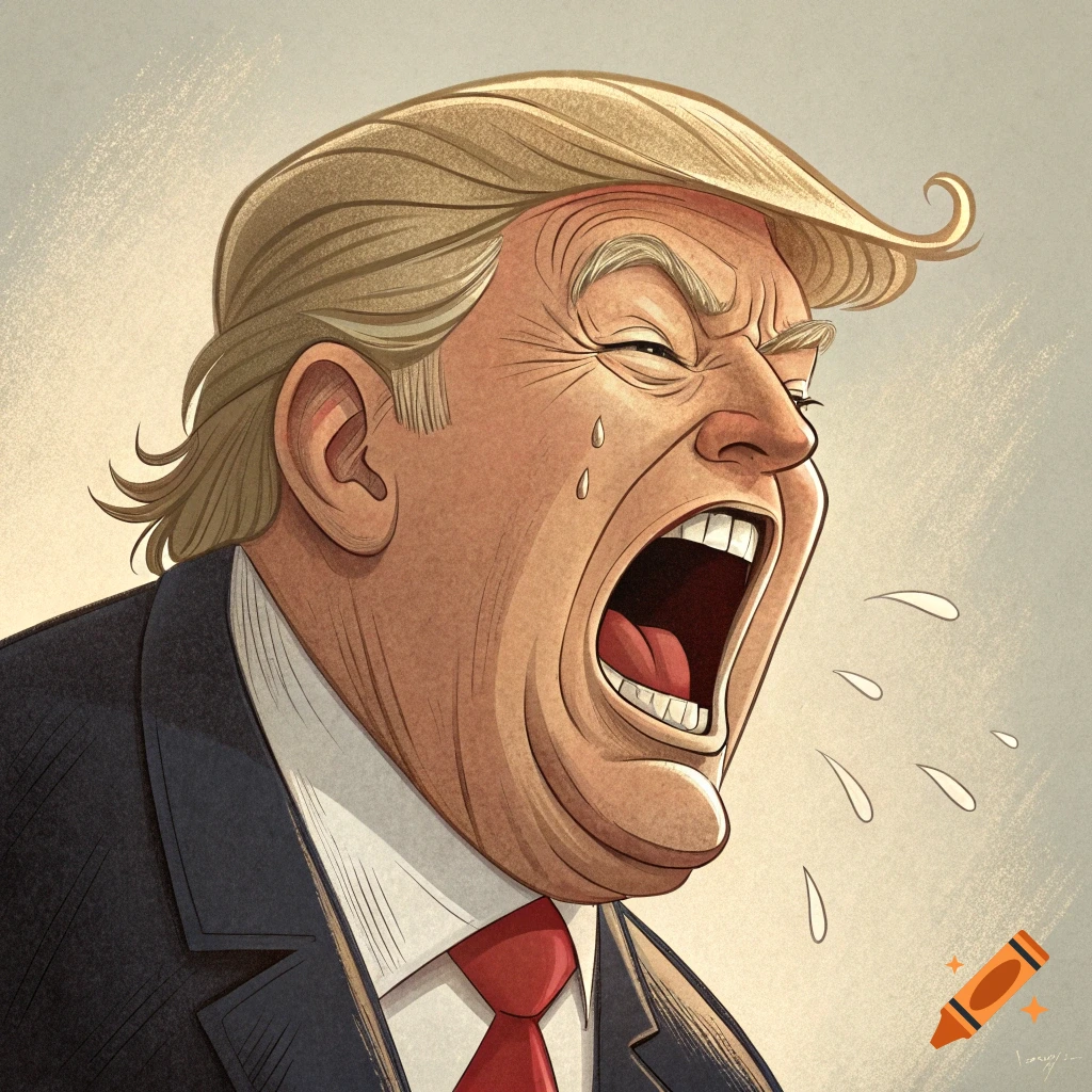 Cartoon caricature of Donald Trump screaming and crying.