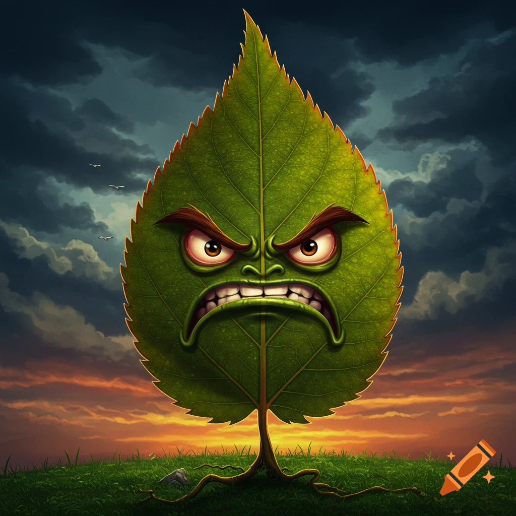 Cartoon illustration of an angry green leaf with roots standing in grass under a dramatic sky at sunset.