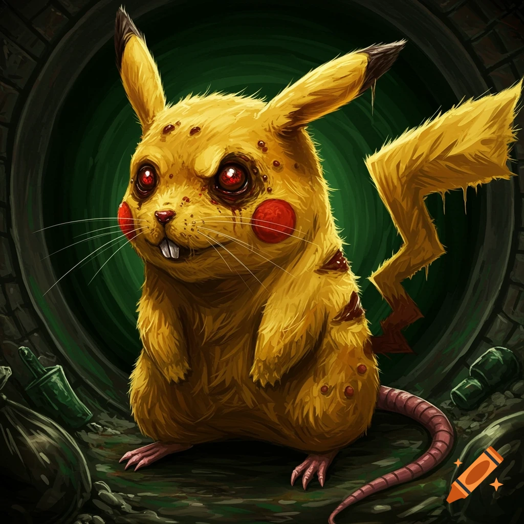 Deformed rat-like creature resembling Pikachu with red eyes sitting in a sewer.