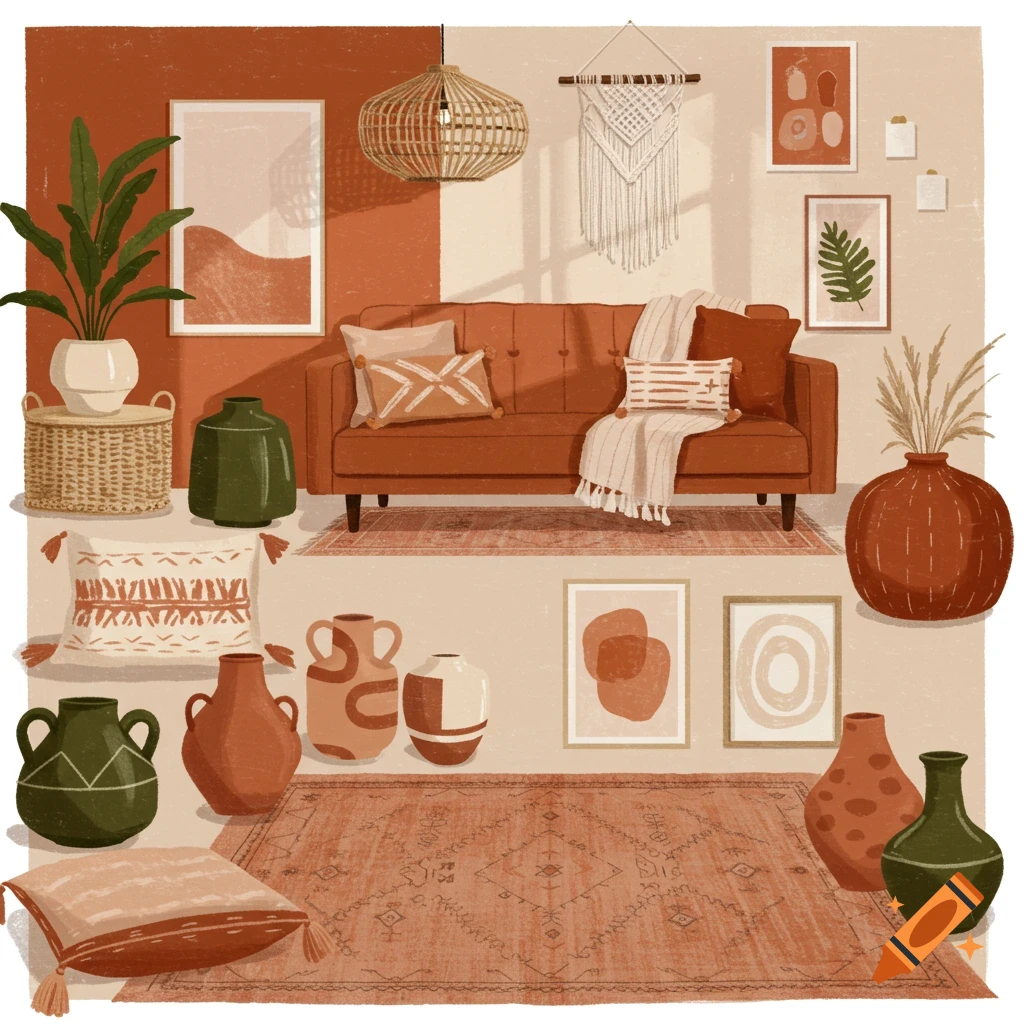 Illustration of bohemian home decor items including a sofa, pillows, rugs, vases, plants, and wall art.