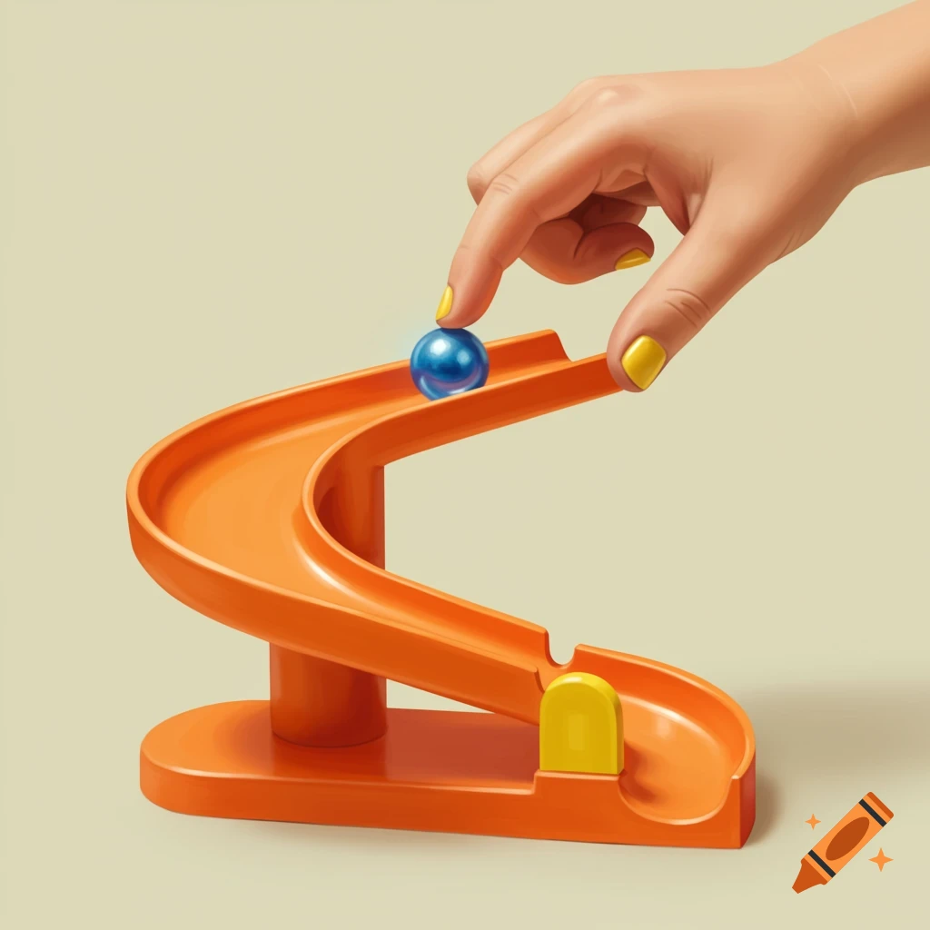 Hand holding a blue marble above an orange toy ramp.