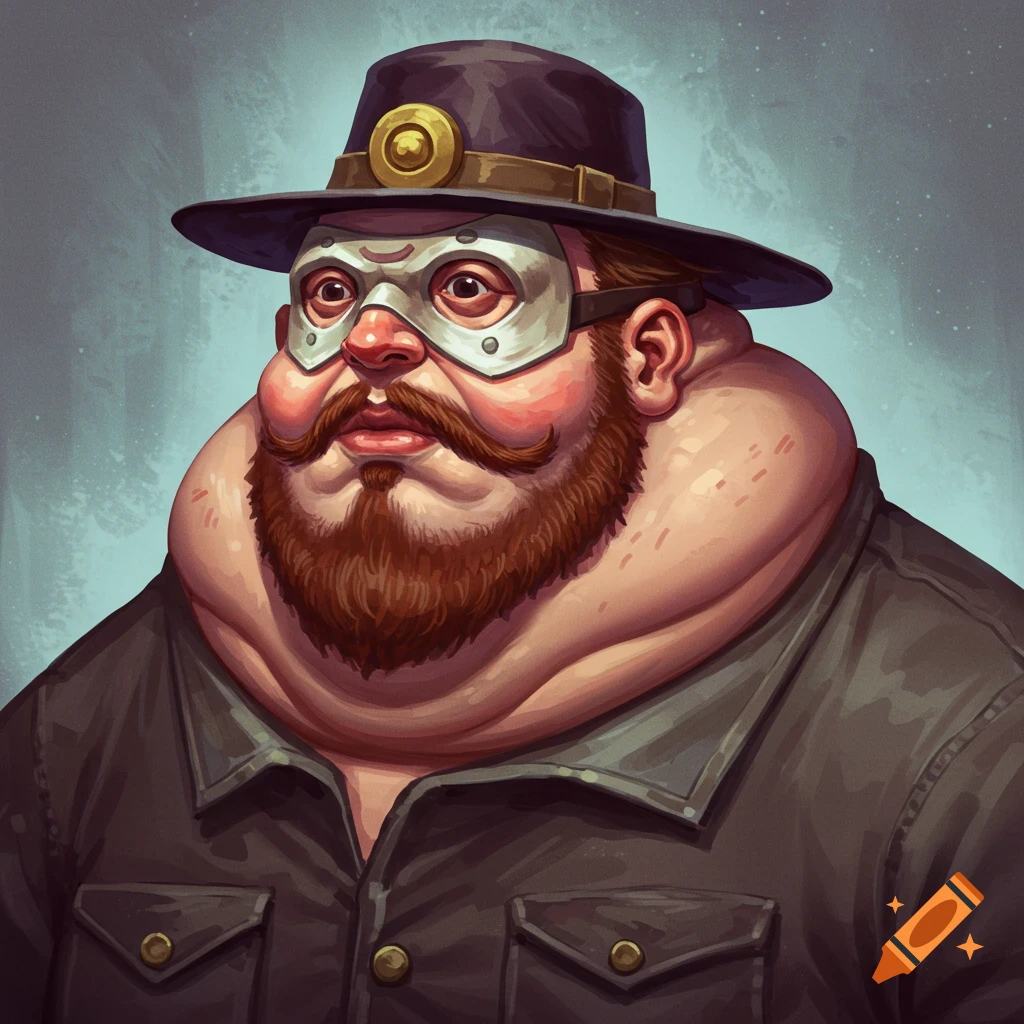 Illustrative portrait of a fat man with a beard, hat, and mask