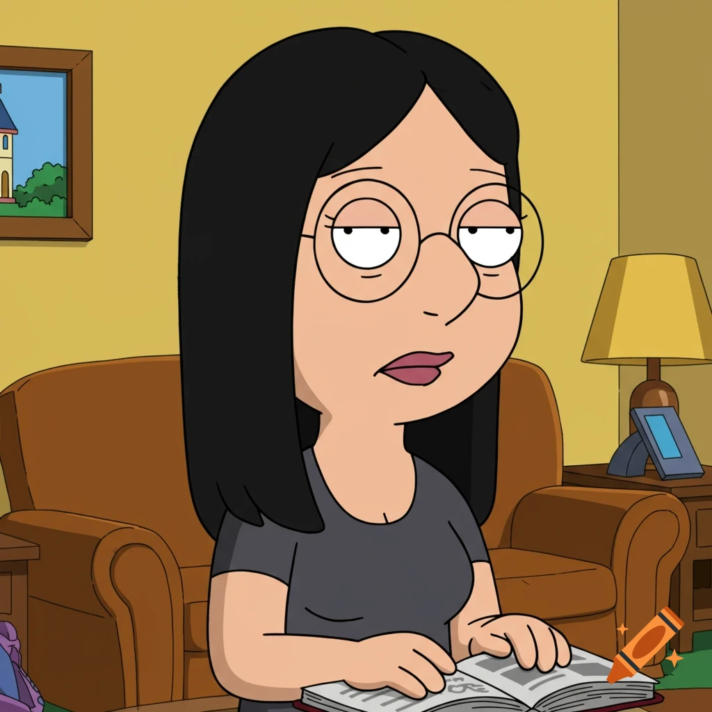 Cartoon woman resembling Meg from Family Guy sitting on a couch reading a book.