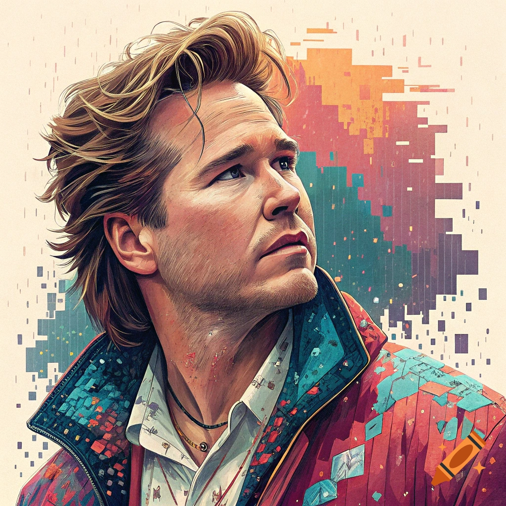 Digital art portrait of a man in a colorful jacket looking up, with a pixelated background.