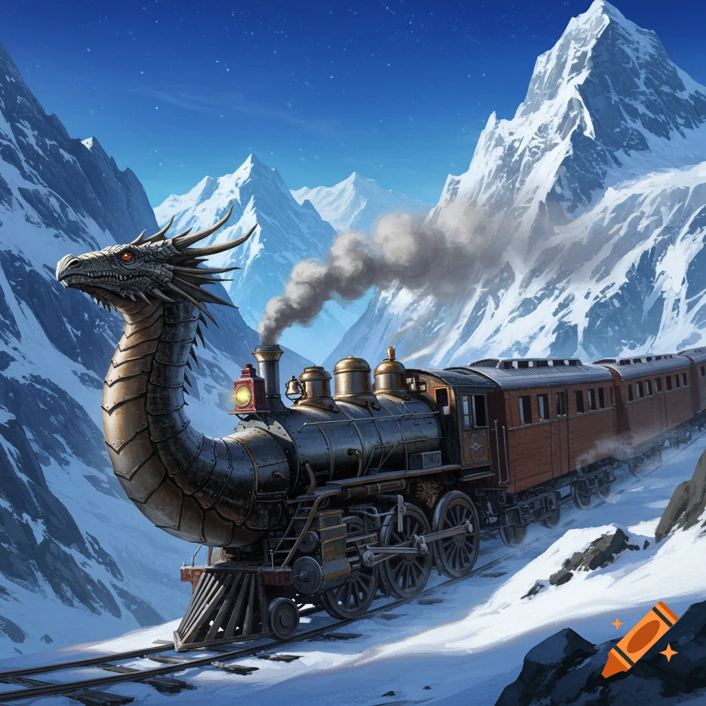 A fantastical train with a dragon head travels through snowy mountains.